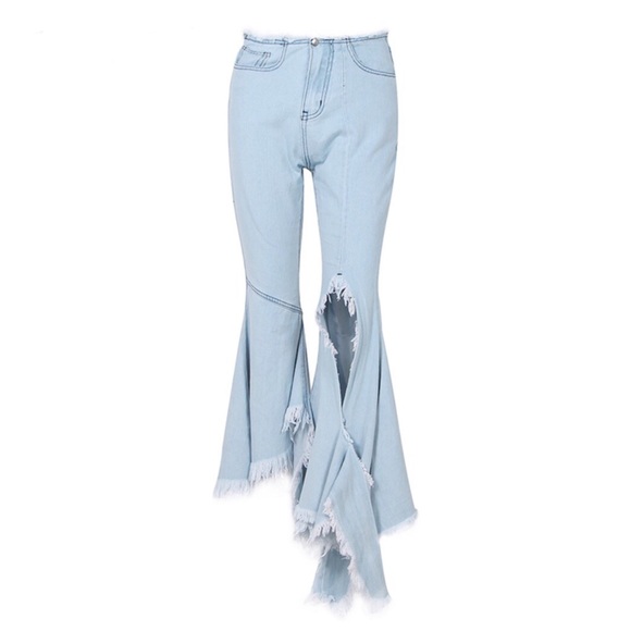 Flared Leg Torn Long Side Ruffle Jeans - Picture 4 of 8